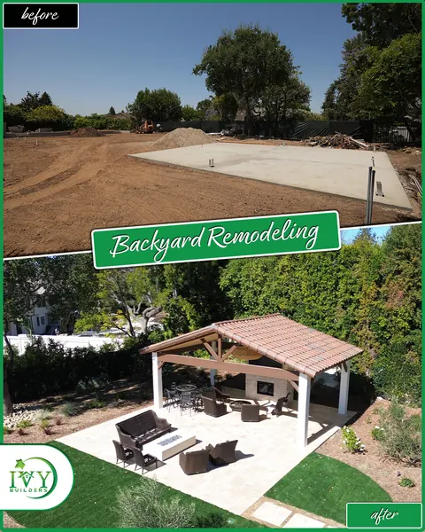 Backyard: empty dirt lot before, pavilion, patio and lawn after