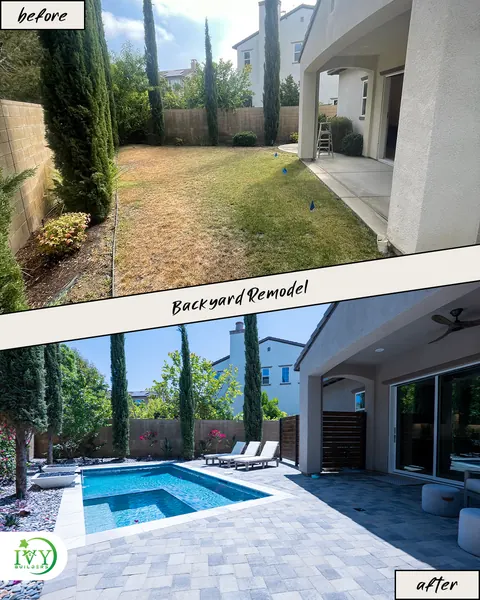 Backyard: dry lawn before, new pool with pavers after