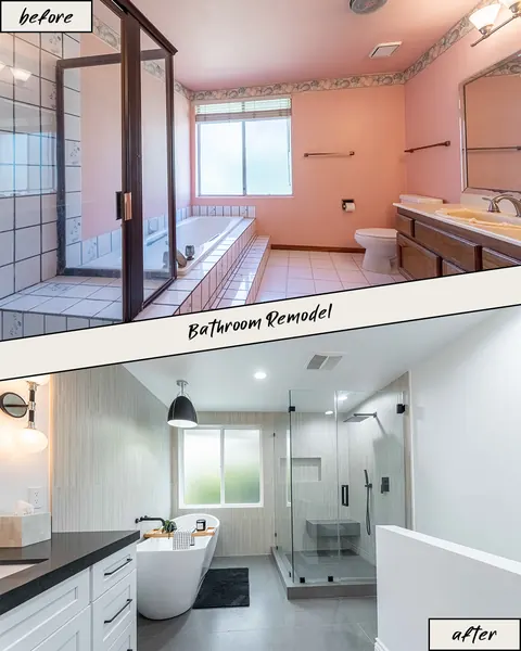 Bathroom: pink tile before, modern bath with glass shower after