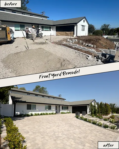 Front yard: bare dirt before, new pavers and planting after