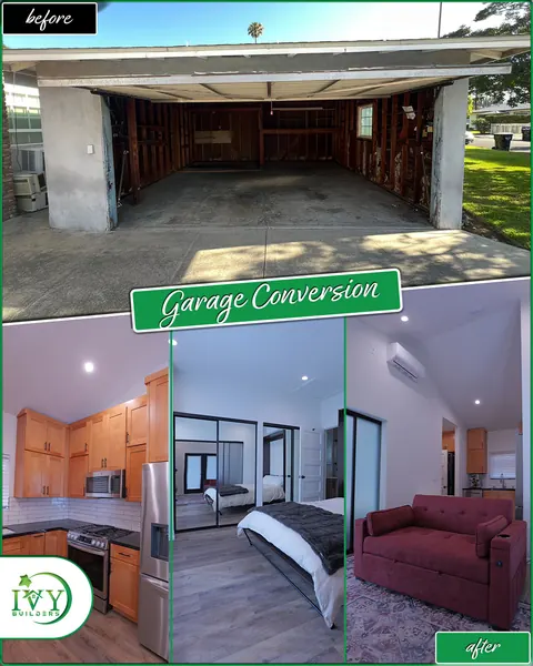 Garage conversion: open garage before, finished living space after