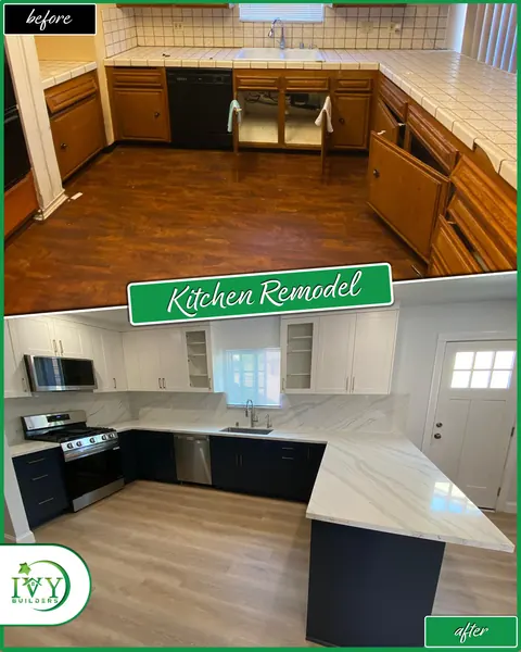 Kitchen: dated oak cabinets before, white and dark cabinets after