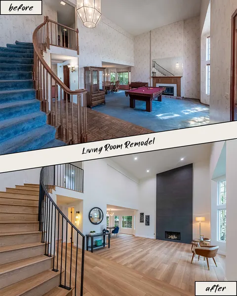 Living room: blue carpet and old staircase before, modern open space after