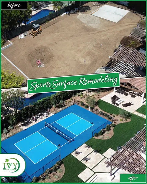 Sports court from above: bare dirt before, pickleball court after
